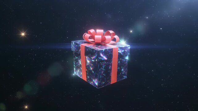宇宙に浮かぶ光り輝くプレゼント箱の神秘的なアニメーション