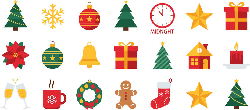 Christmas flat icon set featuring festive decorations including tree, ornaments, gifts, wreath, gingerbread, candle, bell, clock midnight and seasonal holiday elements