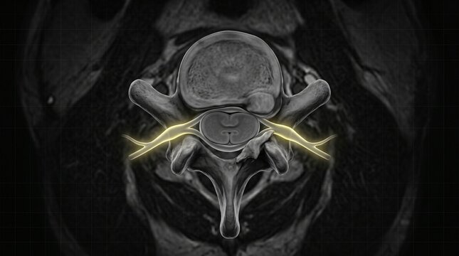 Detailed anatomical view of a human lumbar vertebra cross section showing spinal nerves