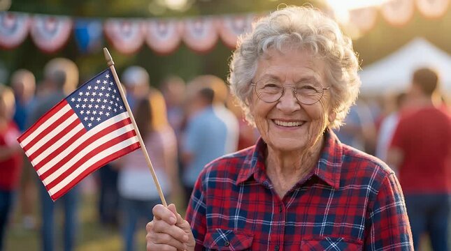Smiling senior woman holding American flag at independence day festival representing timeless patriotism and gratitude.