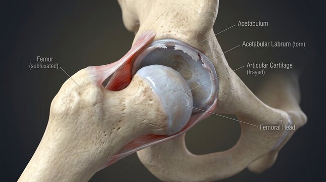 Close up view of a subluxated femur head in the acetabulum with torn labrum and frayed articular cartilage