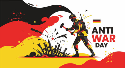 Obraz premium Anti-war activist destroying weapons in bold colorful illustration for International Anti-War Day campaign