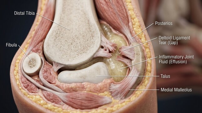 Anatomical illustration shows deltoid ligament tear and fluid effusion within the ankle joint