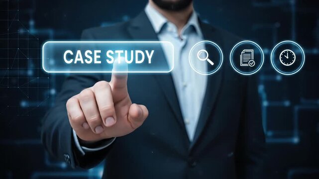 Man in suit selects case study button on a dark digital interface with search and document