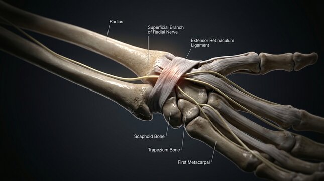 Detailed human wrist anatomy showing bones nerves and ligaments against dark background