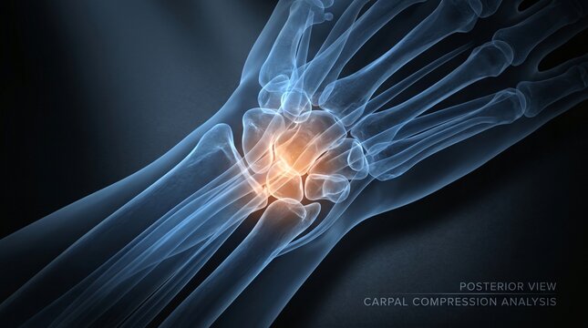 Posterior view of human wrist bones with highlighted carpal compression analysis