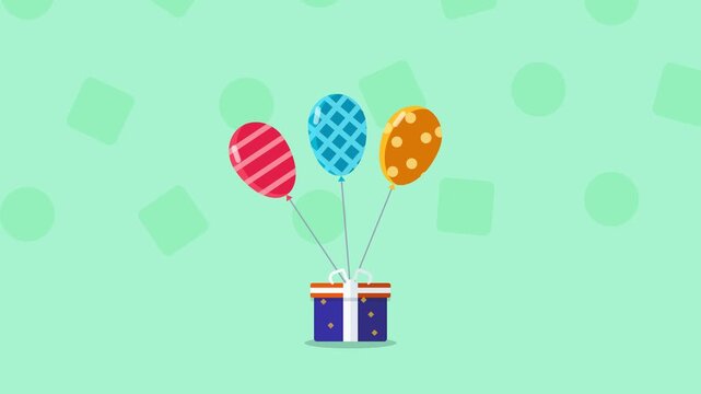 Colorful 2D Flat Illustration of a Gift Box with Patterned Balloons for Birthday Celebration or Surprise Event