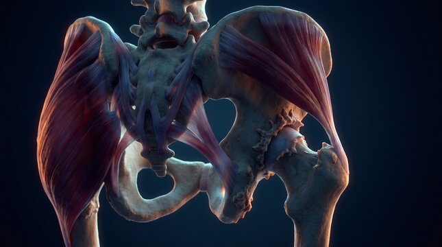 Detailed anatomical illustration of human hip bones and surrounding muscles