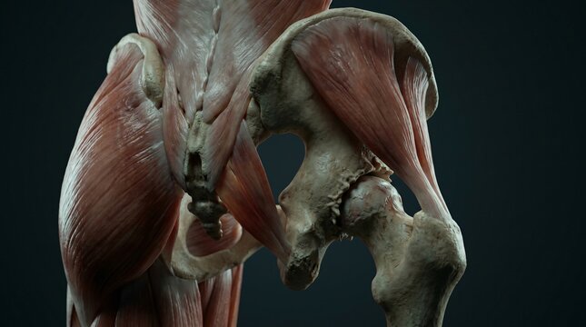 Detailed anterior view of human hip joint musculature and skeletal structure