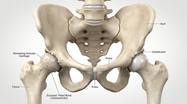Human pelvis and hip joint anatomy showing femur ilium pubis acetabulum and osteoarthritis
