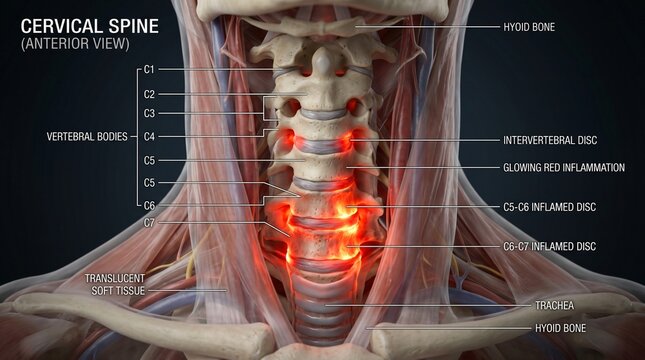 Anterior view of the human cervical spine with glowing red inflammation in discs