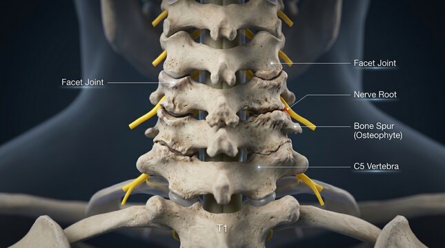 Detailed 3D medical illustration of human cervical spine anatomy highlighting facet joints and nerve roots