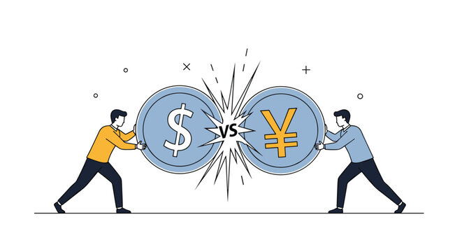 Two men engaged in a competition by pushing against each other with large coins of dollar and yen currencies.
