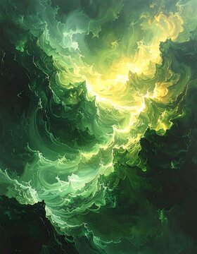 An abstract, vertical composition. Swirling green and yellow clouds with ethereal wisps. Gradient lighting with a bright center
