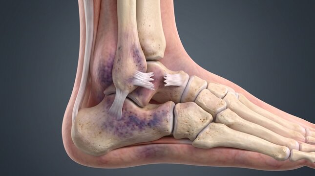 Anatomical 3D rendering of a human ankle joint showing bruised tissues and torn ligaments