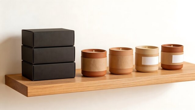 Candles and boxes on wooden shelf
