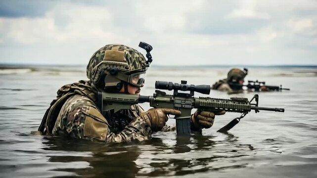 Soldier in camouflage uniform wading through water aiming a rifle with scope during military operation