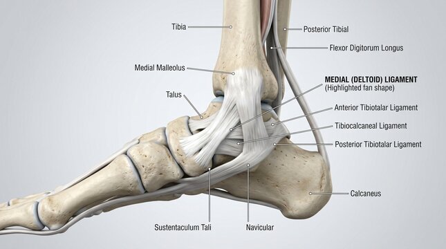 Detailed 3D illustration of the human medial ankle joint ligaments tibia and foot bones