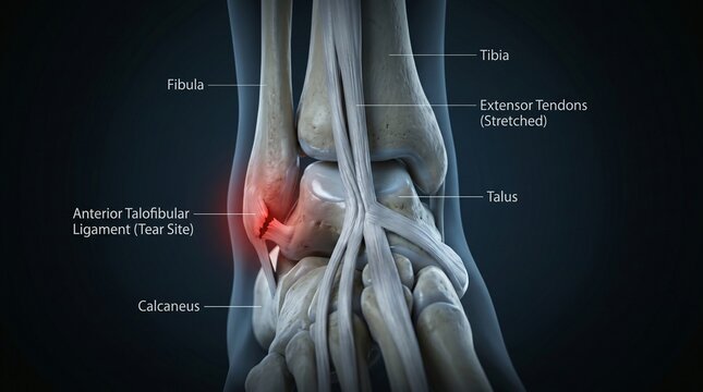 Close up 3D rendering shows a torn anterior talofibular ligament with labeled bones of the ankle