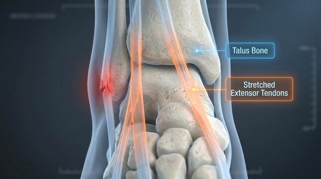 Detailed 3D medical illustration showing ankle bone and stretched extensor tendons with inflammation
