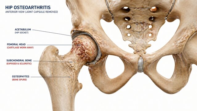 Anterior view of hip osteoarthritis showing worn cartilage exposed subchondral bone and osteophytes