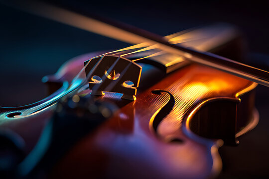 Close-up of a violin and bow with vibrant, colorful lighting in a dark setting.