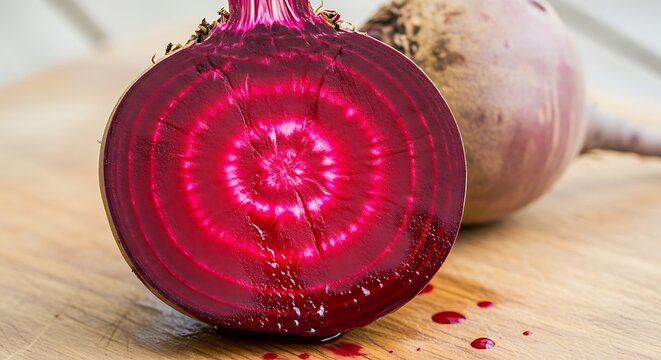 A sliced beetroot reveals its vibrant pink rings on a wooden cutting board next to a whole beet.