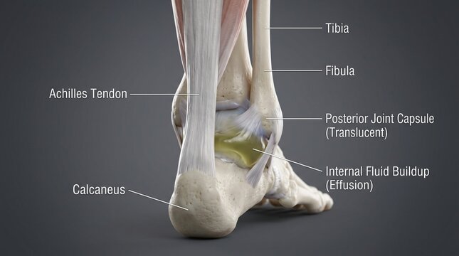 Detailed 3D illustration of human ankle joint anatomy with labels identifying bones tendons and fluid buildup