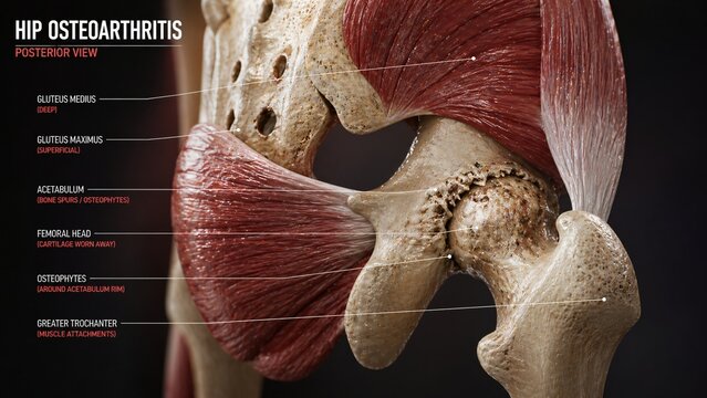 Posterior view of the human hip joint showing bone structures musculature and signs of osteoarthritis
