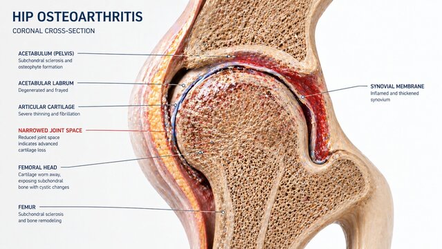 Anatomical cross section illustrating hip osteoarthritis with labels for acetabulum labrum cartilage and synovial