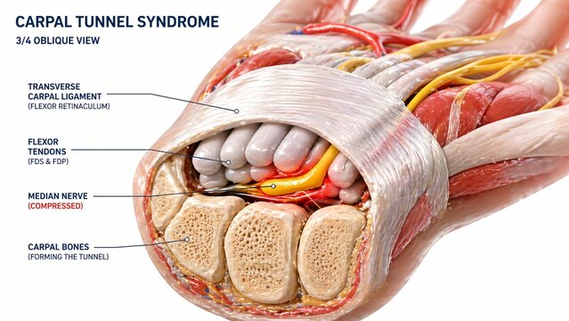 Medical illustration shows carpal tunnel anatomy with compressed median nerve and flexor tendons