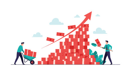 Fototapeta premium Two hard-working men managing a massive mountain of red money bundles with a rising arrow for wealth accumulation.