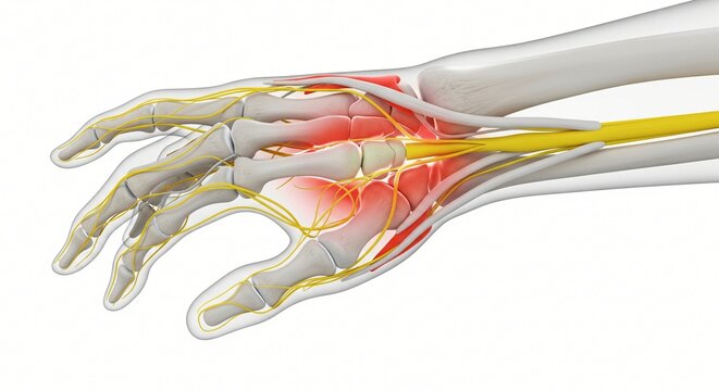 Anatomical illustration of a human hand showing bones nerves and inflammation