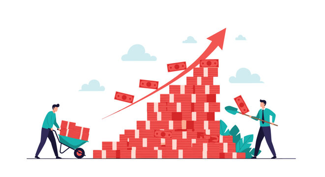 Two hard-working men managing a massive mountain of red money bundles with a rising arrow for wealth accumulation.