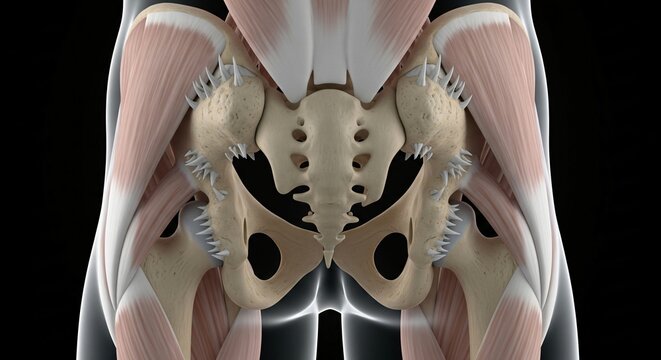Anatomical illustration of the human pelvis showing sacrum ilium ischium pubis and associated musculature