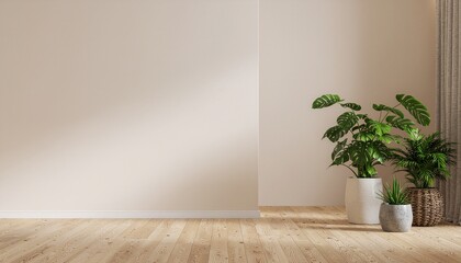 Fototapeta premium Minimalist empty interior room with blank beige wall wooden floor and potted plants for home decor mockup- 3D rendering