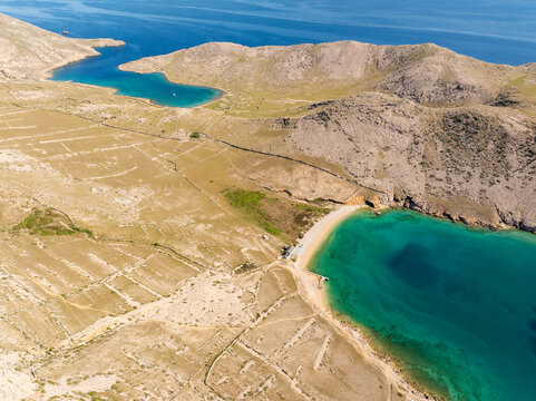Aerial view of Vela Luka and Mala Luka beaches near Ba&scaron;ka, Krk Island, Croatia