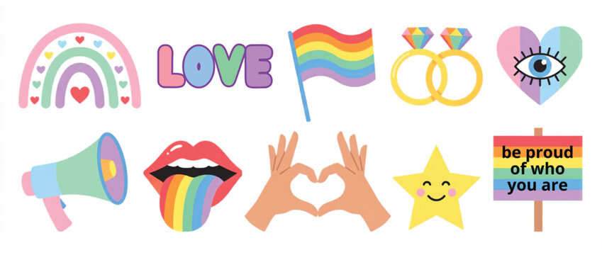 LGBTQ pride stickers set in pastel colors, rainbow pride month vector icons, 10 colorful queer community symbols for social media and protest posters
