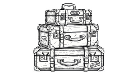 Obraz premium Vintage Luggage Stacked High, Retro Travel Suitcases, Sketch Style