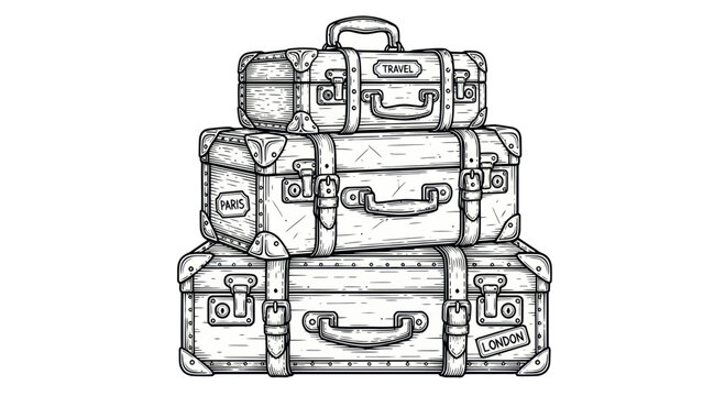 Vintage Luggage Stacked High, Retro Travel Suitcases, Sketch Style