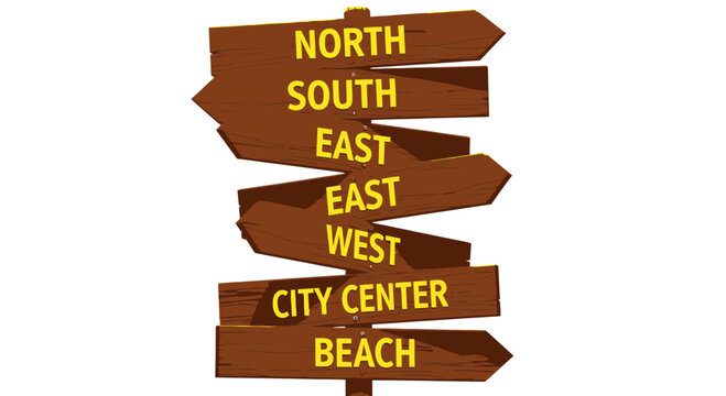 Wooden Directional Signpost with Multiple Arrows: North, South, East, West, Beach, City Center