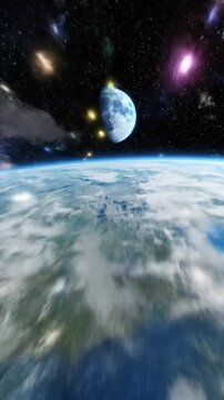 View of the blue moon and Earth from space with realistic rendering and VSR export