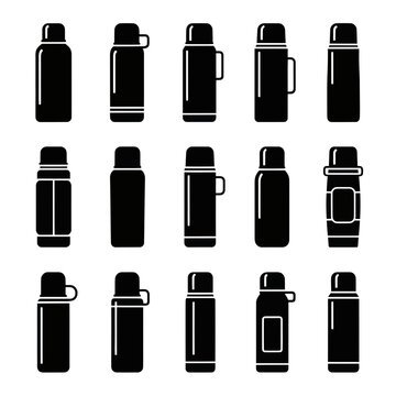 Collection of Black Thermos Flasks Icons, Various Designs, Vector Illustration