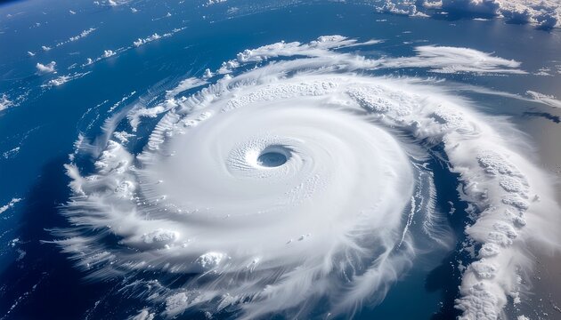 Dominant swirling hurricane from extreme altitude, dramatic weather phenomenon with vast cloud formations, pristine blue ocean below, symbolizing nature's power, forecasting, and atmospheric forces