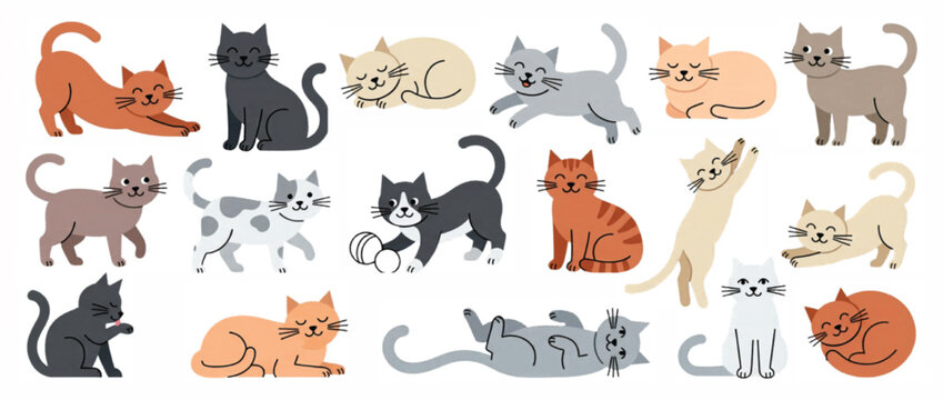 Cute cat characters collection, 16 flat vector kitten illustrations in various poses, playful feline pets set for nursery decor and greeting cards