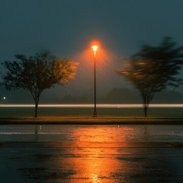 Glowing street lamp illuminating raindrops and wet pavement between blurred trees during a rainy night with streaks of car lights in the background