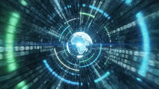 Abstract digital tunnel with binary code and glowing circles, representing data flow and technological advancements in a futuristic environment