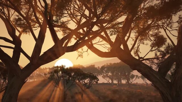 Cinematic CGI Savanna Sunset: Sunlight Streaming Through Ancient Tree Branches