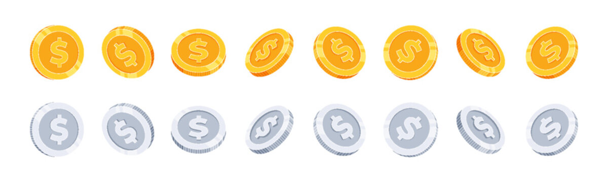 Gold and silver coin icon set featuring US dollar currency symbols. Shiny gold and silver coins for finance, economy, investment, and payment. Vector illustration.