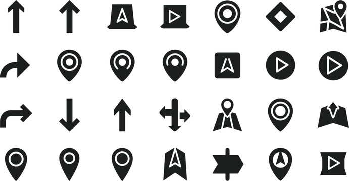 Modern navigation and location icon set featuring arrows map pins direction symbols and interface controls in minimal black style